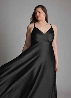 Azazie Amani Vestidos de damas de honor Vestido Negro de Satén Elástico de Línea A con Plisado image11