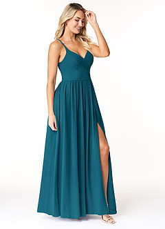 Azazie Dominic Bridesmaid Dresses Ink Blue A-Line V-Neck Pleated Chiffon Dress image4