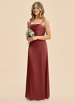 Azazie Astyn Junior Terracotta Sheath Pleated Stretch Satin Dress image4