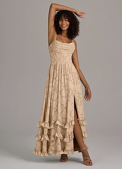 Azazie Lettie Bridesmaid Dresses Champagne A-Line Corset Floral Burnout Dress image5