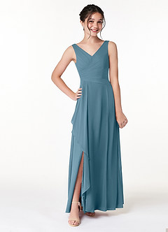 Azazie Kori Junior A-Linie Gestreift Chiffon Kleid Bermudablau image1