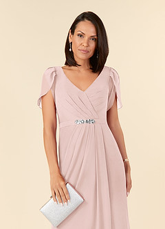 Azazie Marianne Mother of the Bride Dresses Blushing Pink Sheath V-Neck Pleated Chiffon Dress image5