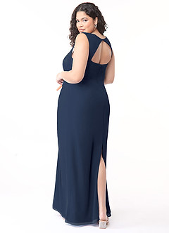 Azazie Flori Robes de demoiselle d'honneur Robe Fourreau en Mousseline de soie Col Carré Bleu Marine Foncé image10