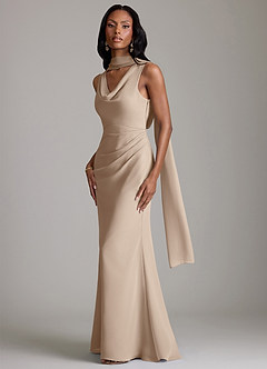 Azazie Linelle Robes de demoiselle d'honneur Robe Sirène en Mousseline de soie Plissée Taupe image4
