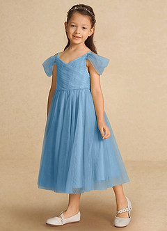Azazie Lizzette Flower Girl Dresses Steel Blue A-Line Ruched Tulle Dress image5