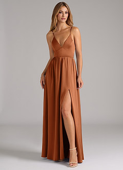 Azazie Aaida Bridesmaid Dresses Copper A-Line Corset Stretch Satin Dress image4