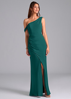Azazie Madelyn Abiti da Damigella Abito Convertibile Sirena in Chiffon a Spalla Scoperta Verde Pavone image1