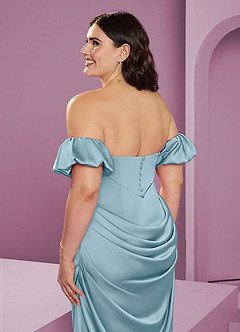 Barbie ♥ Azazie Robes de demoiselle d'honneur Robe Fourreau Convertible en Satin extensible Épaule décolletée Bleu Maussade image17