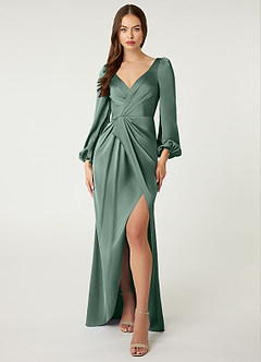 Azazie Mel Bridesmaid Dresses Eucalyptus Sheath Long Sleeve Stretch Satin Dress image1