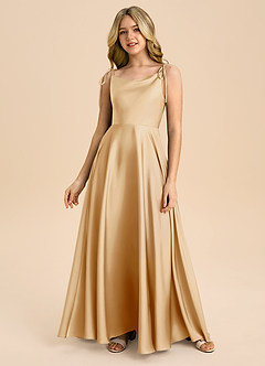 Azazie Popsy Junior Vestido de Oro de Satén Elástico de Corte en A con Lazo image3