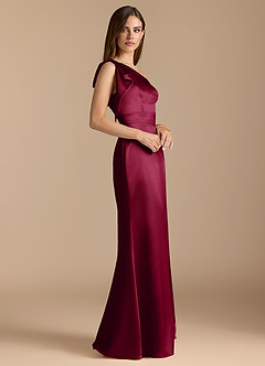 Azazie Rinna Vestidos de damas de honor Vestido de Borgoña de Satén Metálico de Corte Sirena con Volante image3