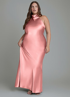 Azazie Velli Bridesmaid Dresses Rosette Sheath High Neck Metallic Satin Dress image11