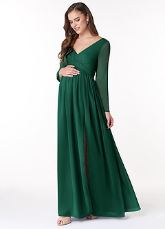 Azazie Teton Maternity Bridesmaid Dresses A-Line Long Sleeve Chiffon Floor-Length Dress image3