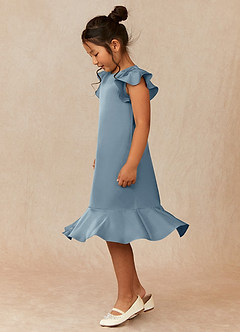Azazie Sweet Pea Flower Girl Dresses Dusty Blue A-Line Ruched Stretch Satin Dress image4
