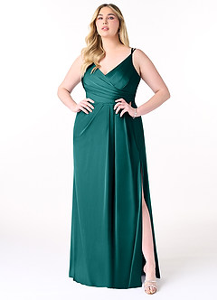 Azazie Aqua Bridesmaid Dresses Peacock A-Line V-Neck Pleated Stretch Satin Dress image8