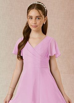 Azazie Induh Junior Candy Pink A-Line Ruched Chiffon Dress image4