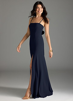 Azazie Melia Bridesmaid Dresses Dark Navy A-Line Bow Stretch Crepe Dress image3