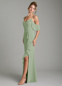 Azazie Alexys Robes de demoiselle d'honneur Robe Fourreau en Mousseline de soie Épaule décolletée Vert Sauge image4