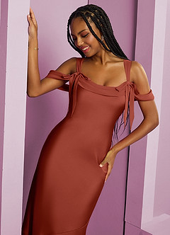 Barbie ♥ Azazie Jurken voor bruidsmeisjes Jurk van Stretch Satijn met Kolom Geplooid Terracotta image14