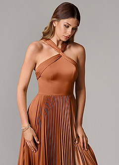 Azazie Afra Bridesmaid Dresses Copper A-Line Pleated Stretch Satin Dress image5