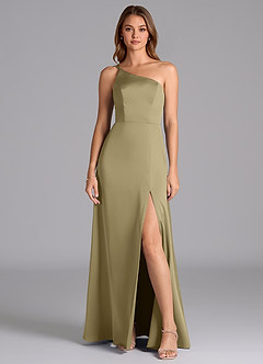 Azazie Trina Bridesmaid Dresses Moss Green A-Line One Shoulder Stretch Satin Dress image3