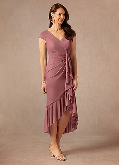 Azazie Renetta Final Sale Desert Rose Sheath V-Neck Pleated Mesh Dress image5