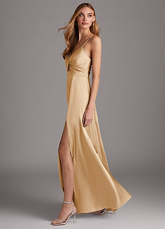 Azazie Jenna Bridesmaid Dresses Champagne A-Line Pleated Stretch Satin Dress image3