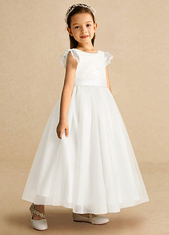 Azazie Pookie Flower Girl Dresses Ivory A-Line Lace Tulle Dress image2
