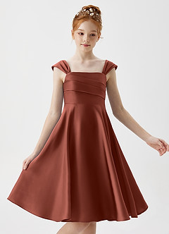 Azazie Amira Junior Auburn A-Line Pleated Stretch Satin Dress image3