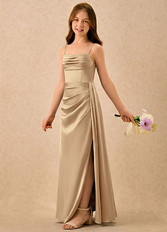 Azazie Shyla Girls Formal Flower Girl Dresses Champagne Sheath Pleated Stretch Satin Dress image1