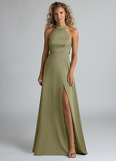 Azazie Clarice Bridesmaid Dresses Pistachio A-Line High Neck Stretch Satin Dress image4