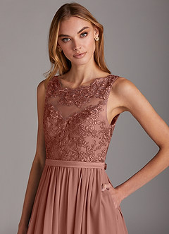 Azazie Elly Abiti da Damigella Abito A-Line in Chiffon Scollo a barchetta in pizzo Cedro Rosa image6