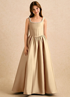 Azazie Enid Girls Formal Blomsterpigekjoler A-Line Perlebesat Stræk satin Gulv-længde Kjole image5