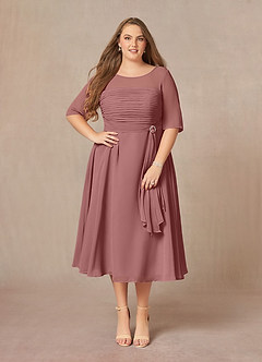 Azazie Naomi vestidos de madre de la novia Vestido de Rosa Del Desierto de Gasa de Corte En A con Cuello barco plisado image10