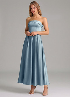 Azazie Lucienne 신부 들러리 드레스 A라인 주름진 스트레치 새틴 발목 길이 드레스 image4