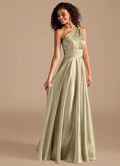 Azazie Charlize Bridesmaid Dresses Moss Green A-Line One Shoulder Metallic Satin Dress image6