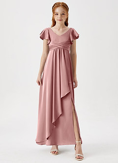 Azazie Omari Junior Dusty Rose A-Line Pleated Stretch Satin Dress image4