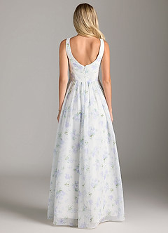 Azazie Keyla Bridesmaid Dresses Blue Vintage Floral A-Line V-Neck Pleated Chiffon Dress image2