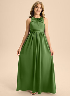 Azazie Jaylah Junior Basil A-Line Pleated Stretch Satin Dress image6