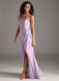 Azazie Deandra Bridesmaid Dresses Frosted Lilac Mermaid Pleated Stretch Satin Dress image4