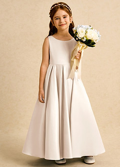 Azazie Pepper Flower Girl Dresses White Alabaster A-Line Pleated Matte Satin Dress image6