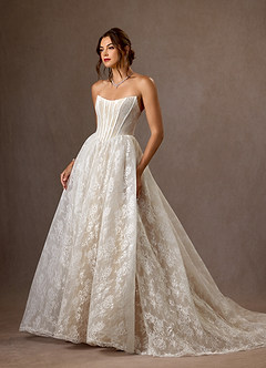 Azazie Demetria Wedding Dresses Diamond White Nude Ball-Gown Strapless Lace Dress image7