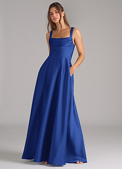 Azazie Shaude Vestidos de damas de honor Vestido de Azul Real de Satén Elástico de Corte en A con Plisado image4