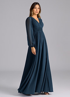 Azazie Palerma Robes de demoiselle d'honneur Robe Trapèze en Mousseline de soie Manches longues Bleu Marine Foncé image5