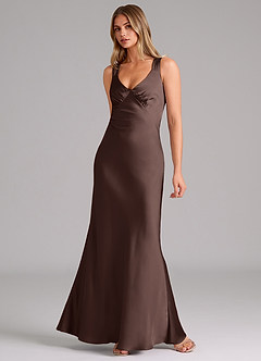 Azazie Kamila At-home Try On Dresses Black A-Line Pleated Stretch Satin Dress image3