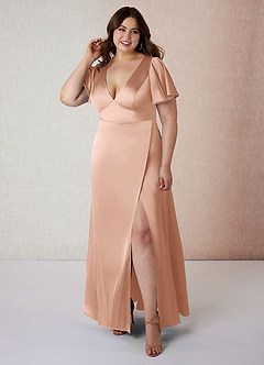 Azazie Lani Bridesmaid Dresses Rose Gold A-Line Flounce Sleeve Stretch Satin Dress image7