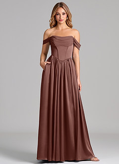 Azazie Raisa Bridesmaid Dresses Espresso A-Line Off the Shoulder Stretch Satin Dress image1