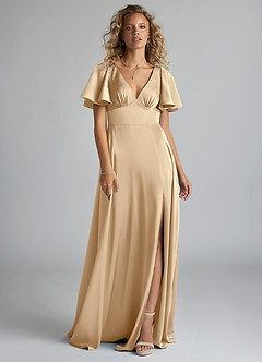 Azazie Kimber Brudtärnklänningar Klänning av A-Line i Stretch Satin Ruched Champagne image3
