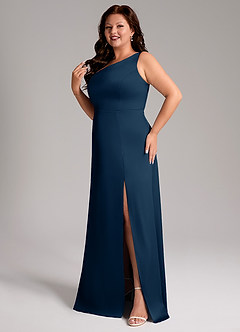 Azazie Phaedra Bridesmaid Dresses Dark Navy A-Line One Shoulder Stretch Satin Dress image5