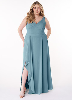 Azazie Kori Jurken voor bruidsmeisjes Jurk van Chiffon met A-Lijn Geplooid Mystiek Blauw image6